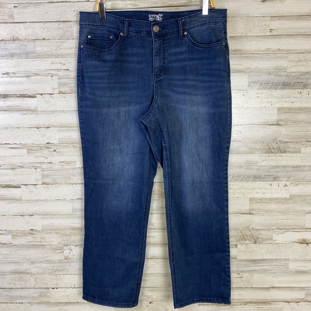 Terra & Sky Jeans Women 16W Petite Blue Denim Dark Wash Straight Leg Stretch